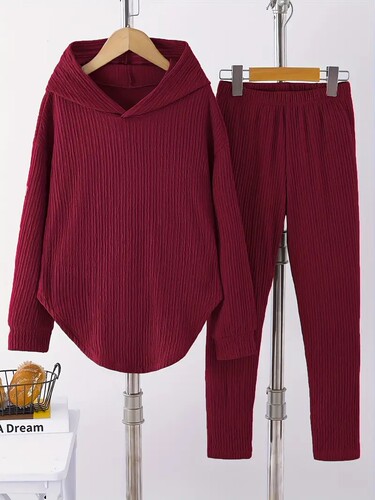 European and American Autumn/Winter Fashionable Casual Suit for Women: Solid-Color Homewear—Long-Sleeved Hoodie with Hat and Long Pants, Two-Piece Set
