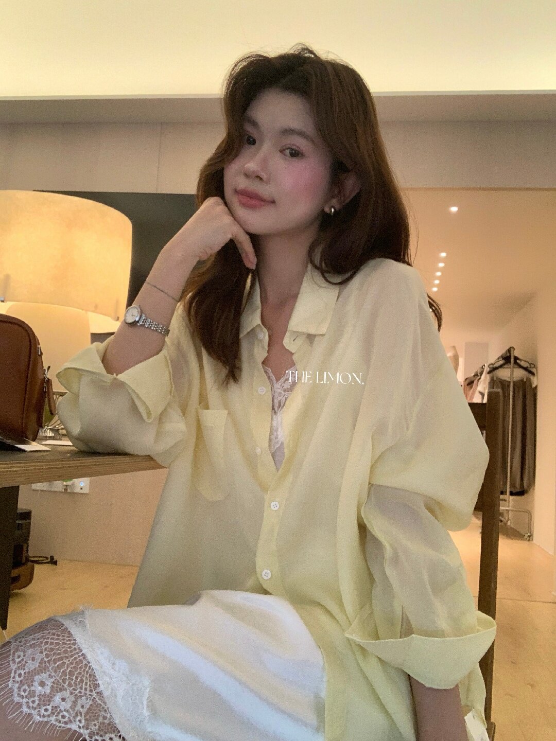 Áo sơ mi nữ tay dài chất liệu tencel phong cách lười biếng ấm áp — Vàng nhạt, xanh lam, Xanh lá cây nhạtcolor, màu hồng chi tiết 47