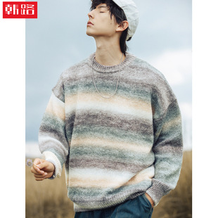 Gradient Stripesd Round Neck Knitwear Winter New Couple Women's Satin Dyeing Process Heavy Trendy Brand Knitwear Jacket Q