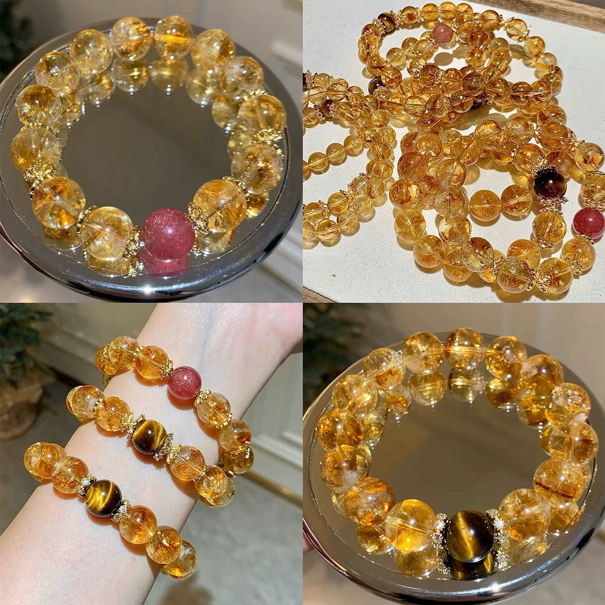 «Серия Lucky Crystal» оригинальный дизайн натуральный желтый кристалл цитрин клубничный кристалл браслет из камня тигровый глаз