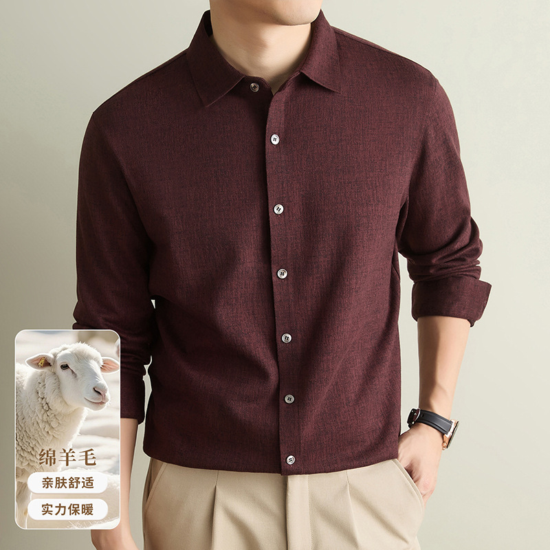 Branded men's sheep wool long-sleeve shirt, high-end solid color, suitable for spring and autumn, warm, wrinkle-resistant, non-iron shirt for middle-aged men Branded men's sheep wool long-sleeve shirt, high-end solid color, suitable for spring and autumn, warm, wrinkle-resistant, non-iron shirt for middle-aged men