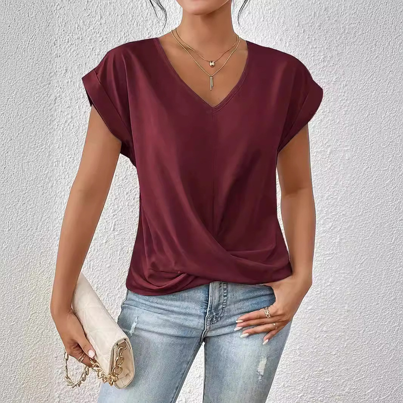 2026 Amazon Cross-Border Hot-Selling Solid Color V-Neck T-Shirt Elegant Short-Sleeve Top Spring and Summer Women's Clothing Amazon Cross-Border