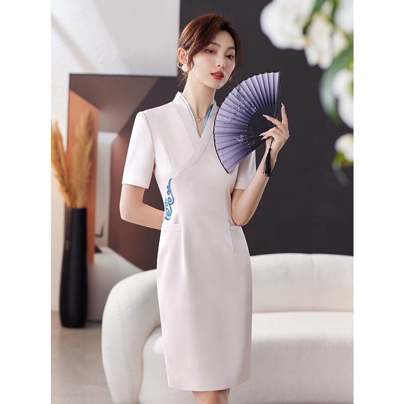 Embroidered Chinese-Style Dress Cheongsam New Chinese Style Sales Department Reception Workwear Sales Customer Service High-End Retro