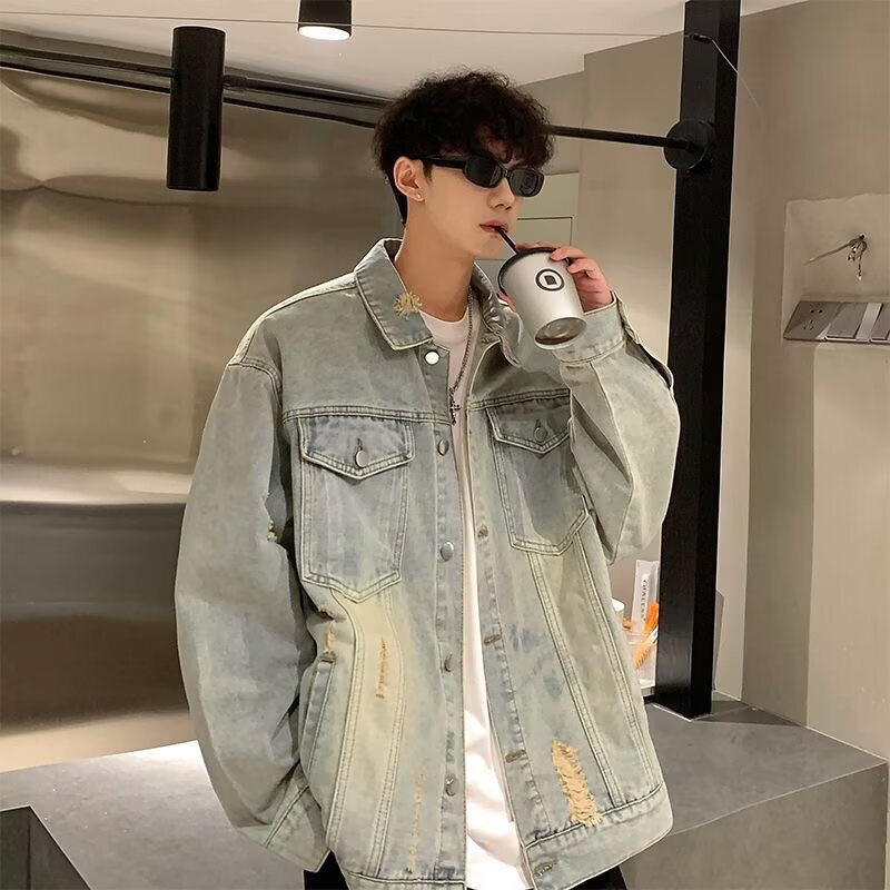 Ripped Denim Jacket Men's Autumn Washed Old American Style Retro Jacket Spring and Autumn Fashionable Brand High Street Plumpian Handsome Clothes Ripped Denim Jacket Men's Autumn Washed Old American Style Retro Jacket Spring and Autumn Fashionable Brand High Street Plumpian Handsome Clothes