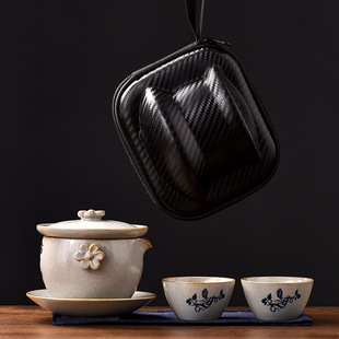 Creative grass and wood gray tenghua travel tea set suit ceramic outdoor business trip tea set storage bag one pot two cups