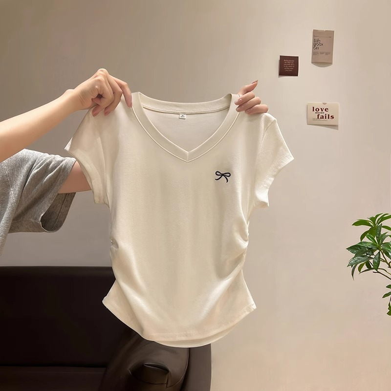 バーガンディ右肩半袖Tシャツ女性用2025新作夏デザインプリーツウエスト痩身ショートトップ|undefined