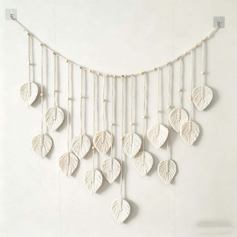Nordic ins-style cotton rope woven leaf tapestry, wall decoration with tassels and wooden beads, handmade wall hanging, Bohemian style Nordic ins-style cotton rope woven leaf tapestry, wall decoration with tassels and wooden beads, handmade wall hanging, Bohemian style