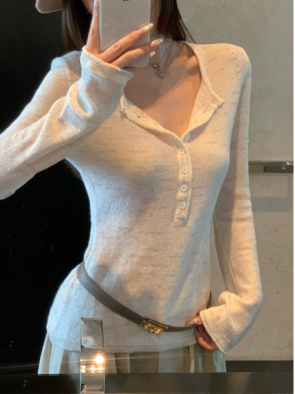 槿一 佩里月光 幻彩珠片棉麻轻薄透感慵懒开襟针织衫女秋显瘦复古|undefined
