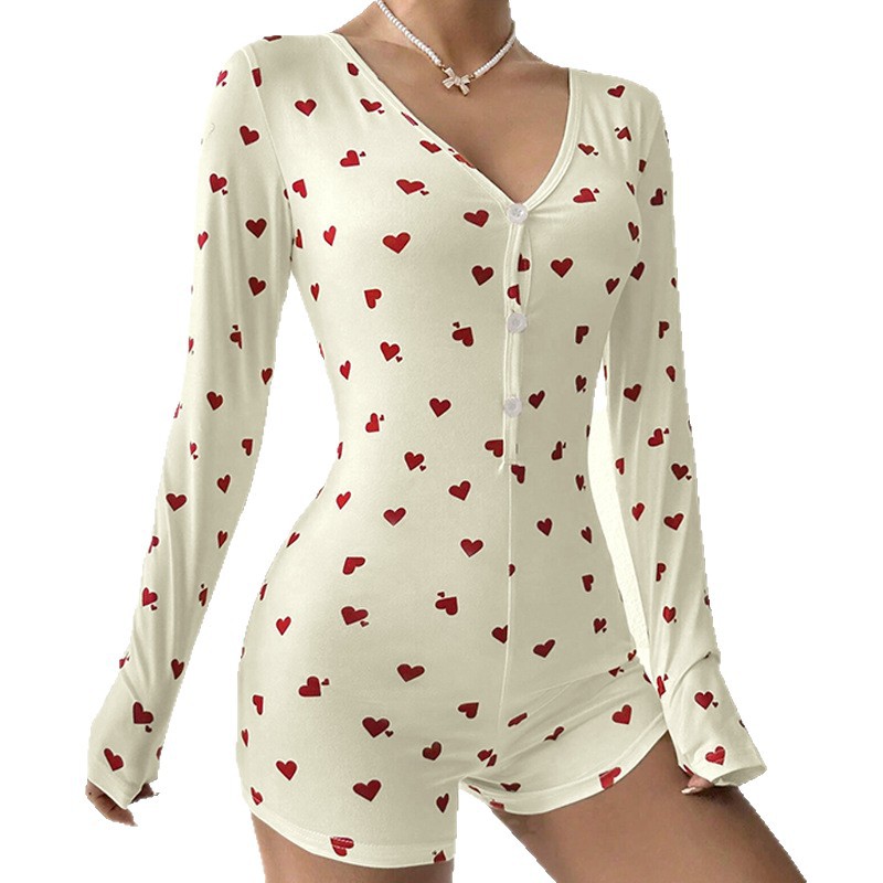 Damen-Loungewear-Set, schmal geschnitten, langärmelig, V-Ausschnitt, Body, europäisch-amerikanischer Stil, bedruckter Herzchen-Pyjama, auch draußen tragbar_voghion.com