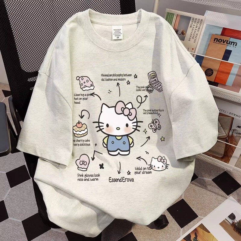 Korean Style Cute Cotton Short-sleeved T-shirt Women's Summer Cartoon Hello Kitty Printed All-match Loose plus size chubby girl Top