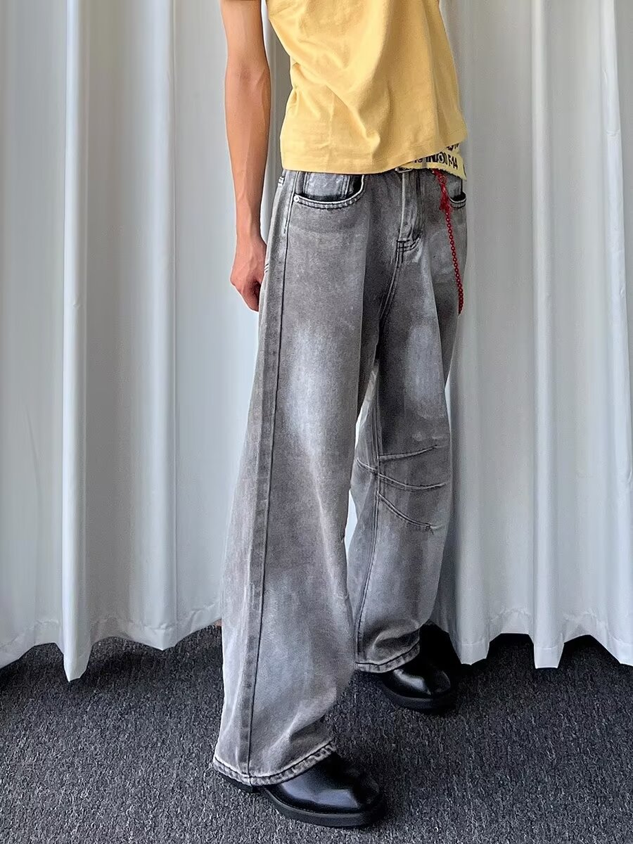 American Vintage Heavy Wash Light Gray Faded Jeans Unisex High Street Loose Fit Wide Leg Straight Pants_mkmklike.com