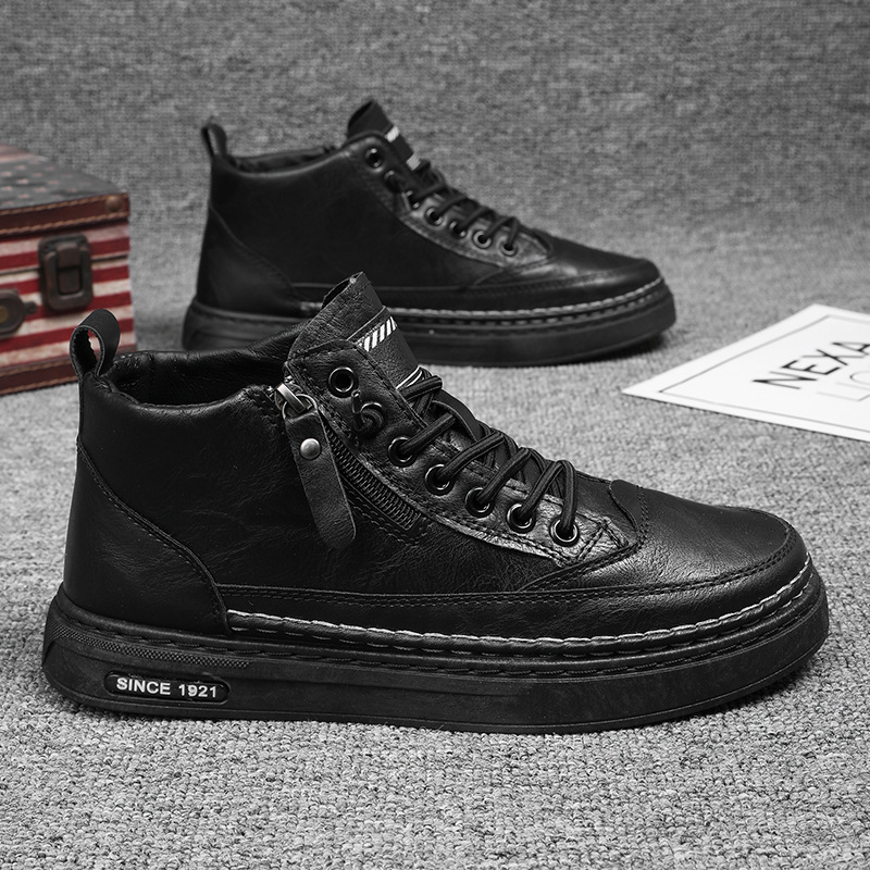 Otoño y invierno nuevos zapatos de skate de cuero de alto impacto de color sólido, zapatos de trabajo casuales de base plana, zapatos de hombre de moda sin lazos