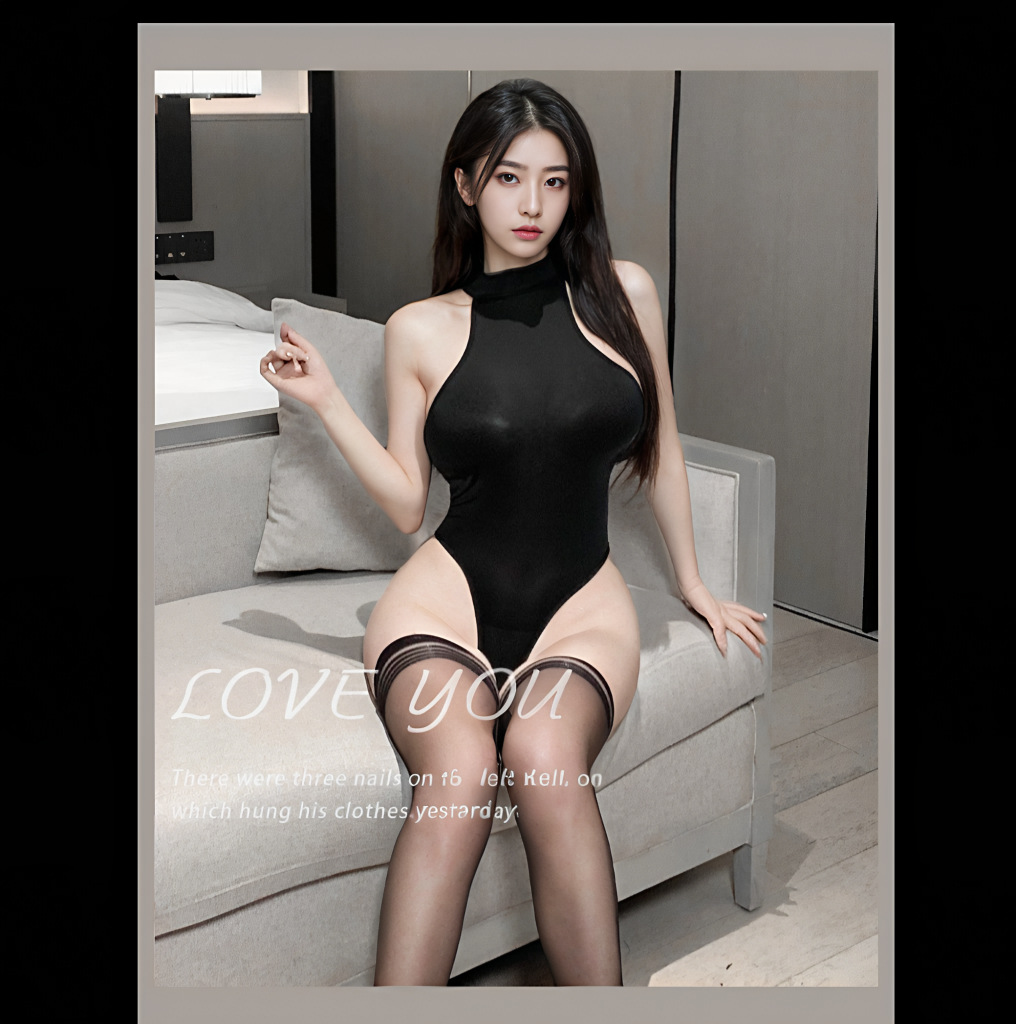Open-Style Crotchless Jumpsuit Lingerie Set with Stockings, Grey Polyester Blend — detail image 8