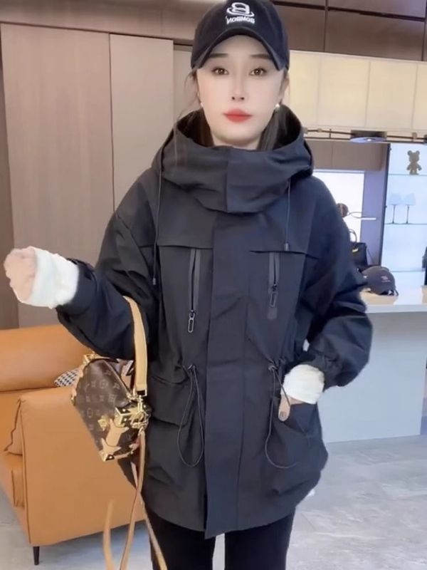 欧洲站收腰连帽米白色工装外套女上衣运动风衣外套早春冲锋衣|undefined