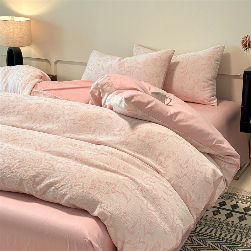 Nuevo tipo A piel de algodón doble cara teñido Jacquard flor simple cuatro piezas de sábanas fabricantes al por mayor