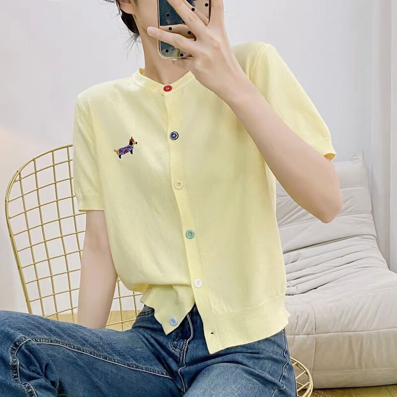 2026 Summer New Korean Style Short-Sleeved Knitted Cardigan for Women, Round Neck, Colorful Buttons, Puppy Embroidery, Thin and Versatile Top