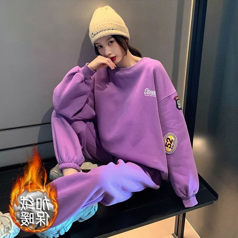 早秋休闲运动套装女2025新款韩版甜酷休闲时尚百搭圆领卫衣套装女|undefined