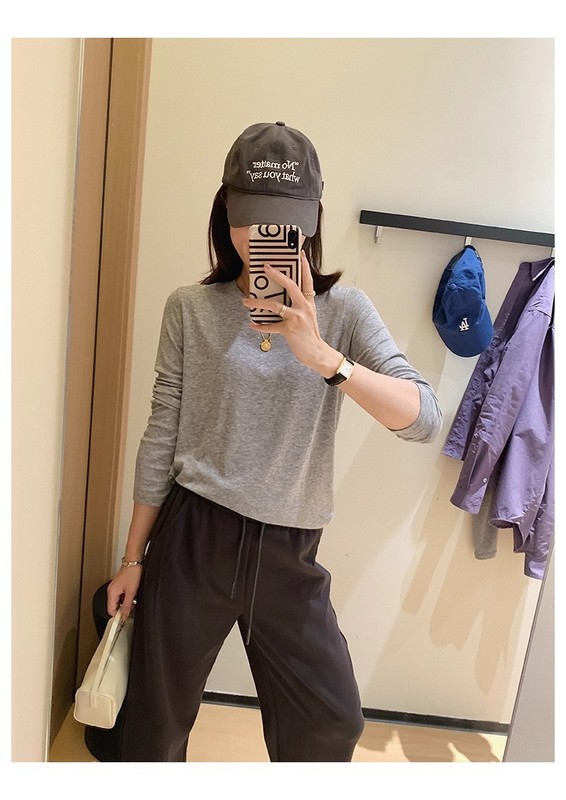 CB916万搭裸感T！定纺天丝羊毛亨利领长袖T恤女早秋圆领打底衫|undefined