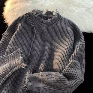 2023 design sense niche knitwear men's same fashion brand autumn and winter fashion distressed ripped round neck knitted sweater