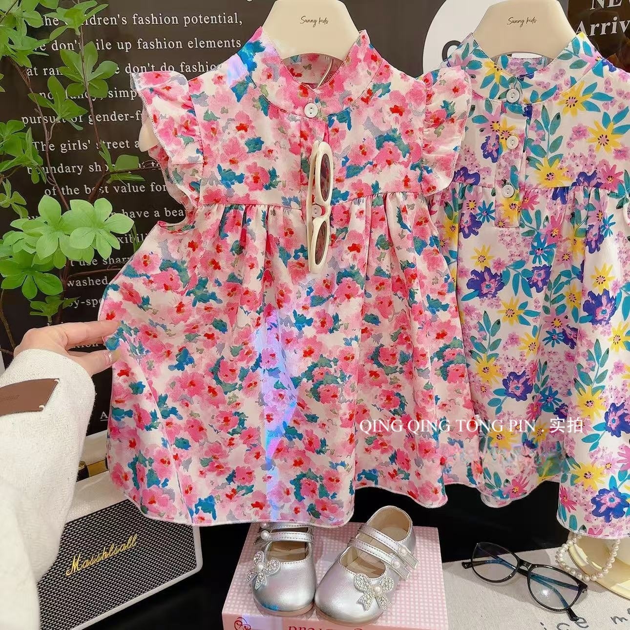 Foreign Trade Summer Kidsren's Floral Dress Girls Thin Style A-Line Princess Dress Category a Medium and Large Kidsren's Cute Dress