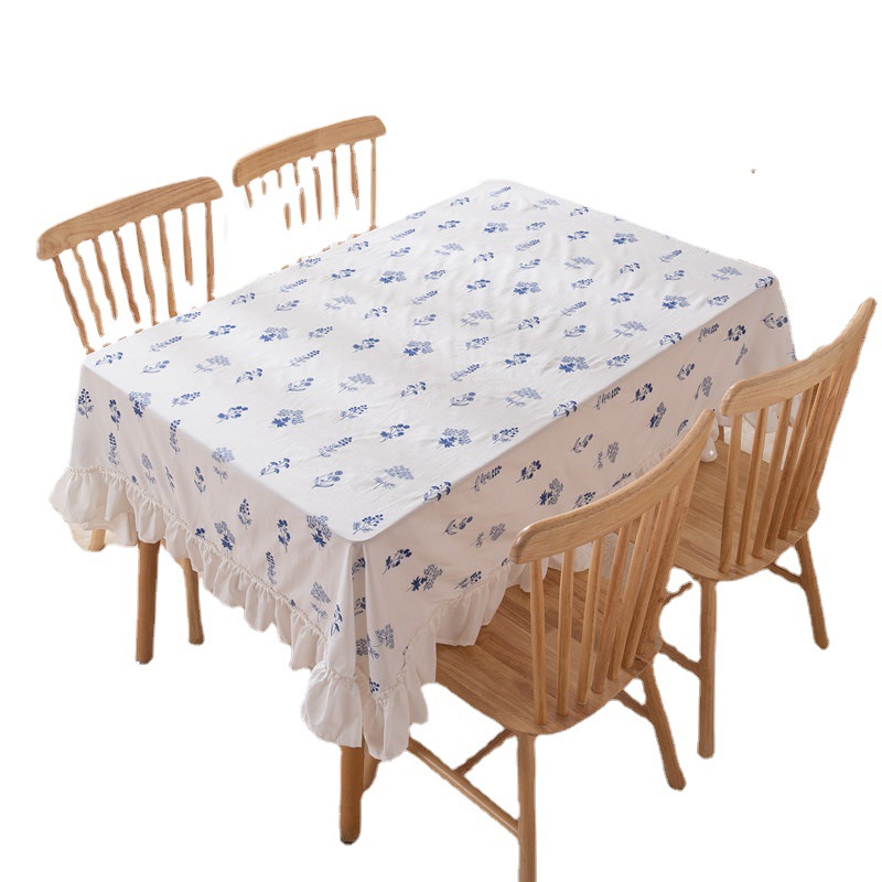Fresh Style All-Cotton White Base Embroidered Floral Ruffle Hem Tea Dining Tablecloth Dropshipping_voghion.com