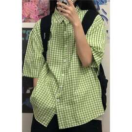 衬衫女夏短袖衬衣宽松韩版百搭设计感小众清新绿色格子上衣ins潮