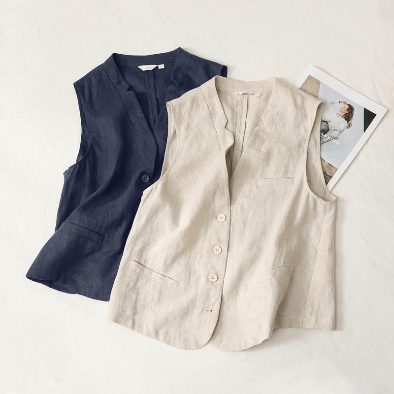 Bargain~ Japanese-Style Original Cotton and Linen Vest for Women, Loose and Slimming, Layered V-Neck Thin Sleeveless Linen Vest Outerwear Top