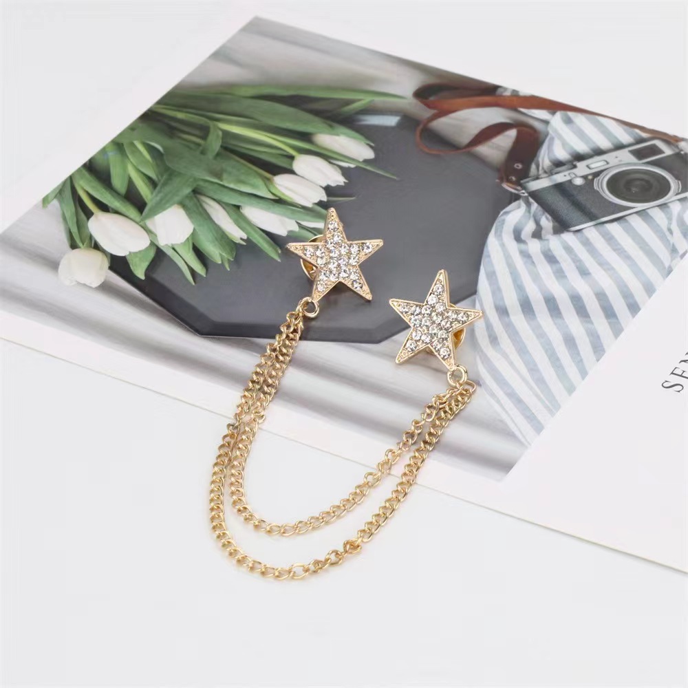 Venda direta da fábrica Broche de estrela de cinco pontas com franjas estilo coreano, colar de corrente com estrela de diamante, acessórios de vestuário para atacado