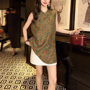 Summer New Silk Fragrant Cloud Gauze Skirt Retro New Chinese Style National Style Zen Elegant Elegant Dignified Stand Collar Slanted Lapel Vest Skirt