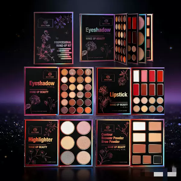 Cross-Border Foreign Trade Wholesale Four-Page Book-Style 55-Color Eyeshadow Palette with Pearlescent Highlighter, Matte and Glitter Lip Jelly Makeup Palette