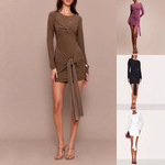 欧美外贸亚马逊跨境性感飘带显瘦包臀连衣裙扭结设计中裙晚宴礼服