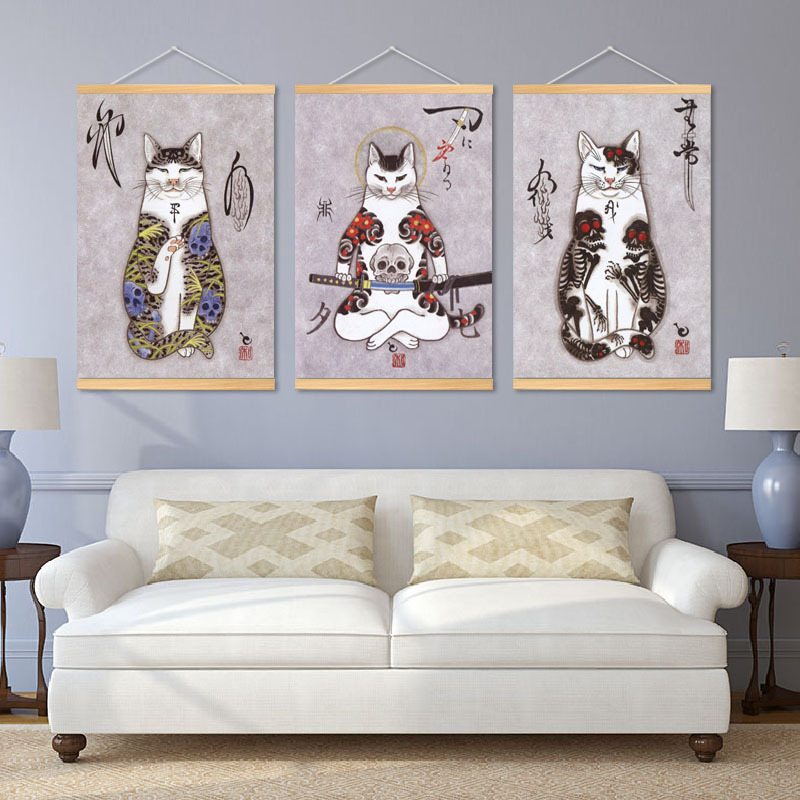 Japanese retro style Samurai Cat fabric canvas tattoo shop barber shop wall decoration background cloth hanging cloth hanging painting