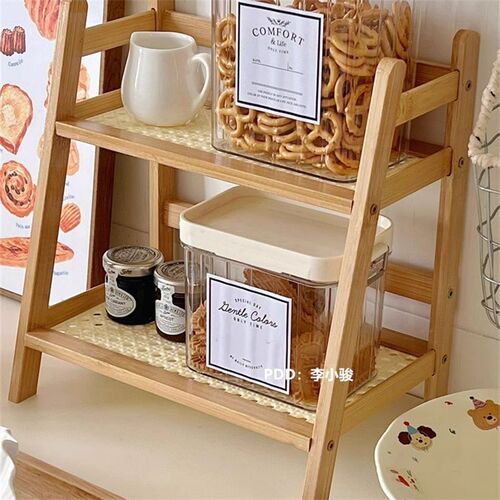 Handmade Ins-style ancient Chinese style rattan cream double-layer desktop shelf for dormitory bedroom office kitchen cup holder