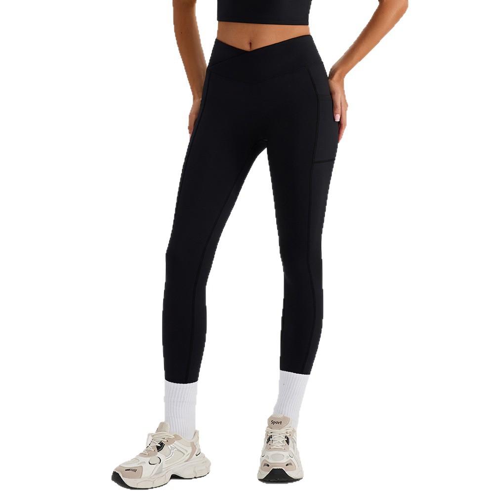 Verano desnudo sensación de secado rápido acondicionamiento físico de doble bolsillo correr pantalones deportivos de forma de cuerpo de cintura alta cintura cruzada pantalones de yoga