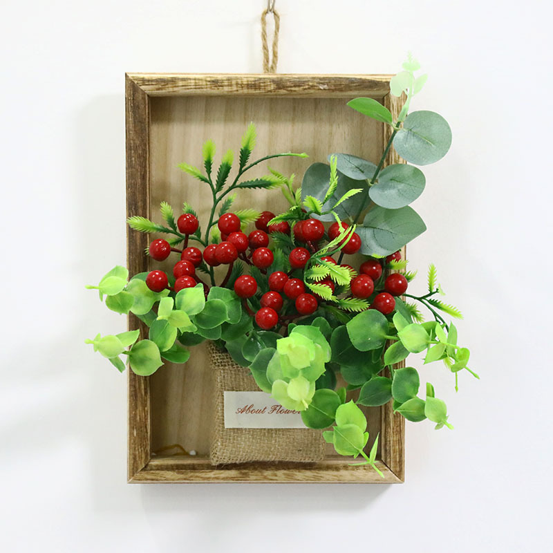 Año Nuevo cuadrado de madera colgante de pared sala de estar colgantes de pared decoración del hogar floral cuttings bayas rojas granada rica