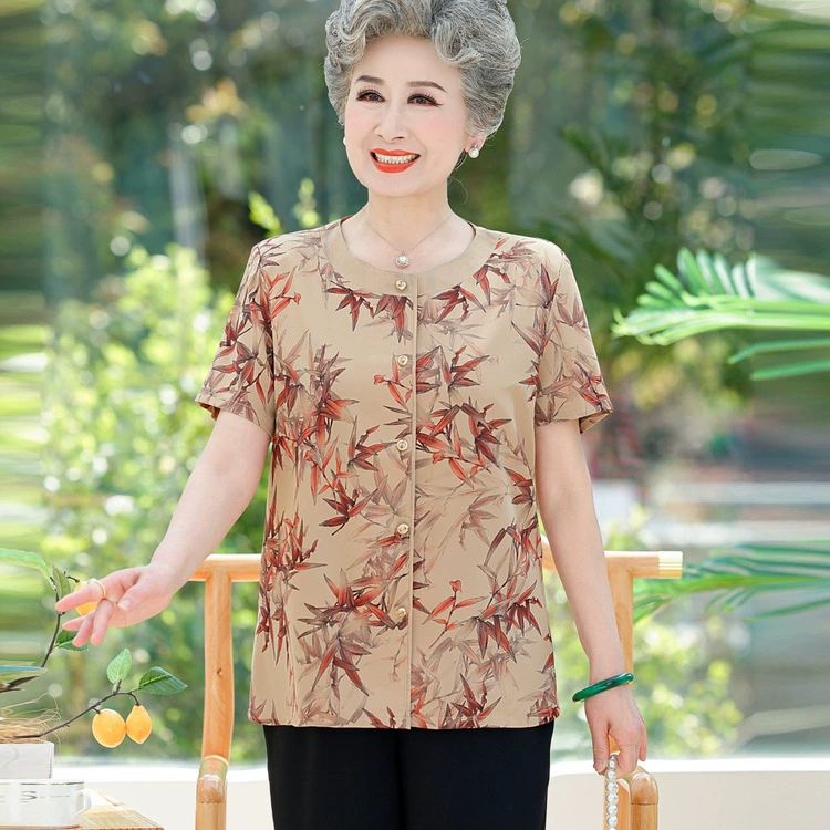 Мама одеваются 2024 весна и лето кардиган новая китайская футболка с круглым вырезом и короткими рукавами топ свободный древний стиль удобный и дышащий