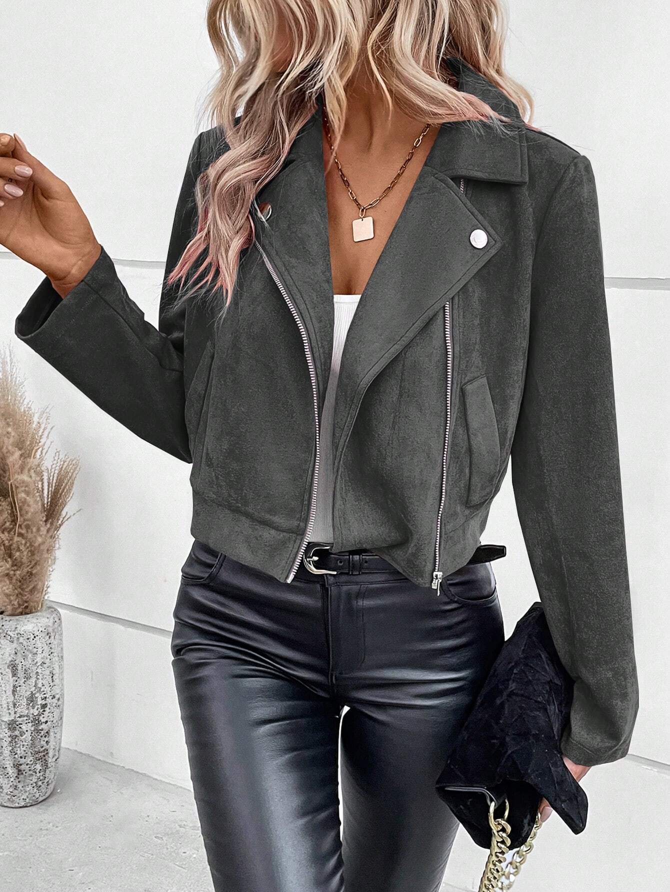 Women's Slim Fit Suede Short Jacket With Zipper For Winter_voghion.com