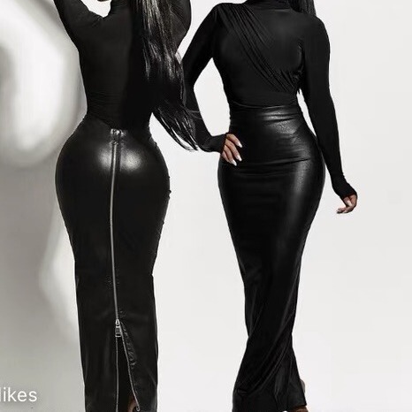 M6008 European and American Women's Long Skirt Pu Skirt 2024 Autumn and Winter New Black Hip-Covering Slimming Look Zipper Design