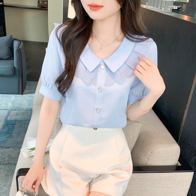 夏季2024年新款女装娃娃领雪纺衬衫女洋气减龄百搭泡泡袖薄款上衣