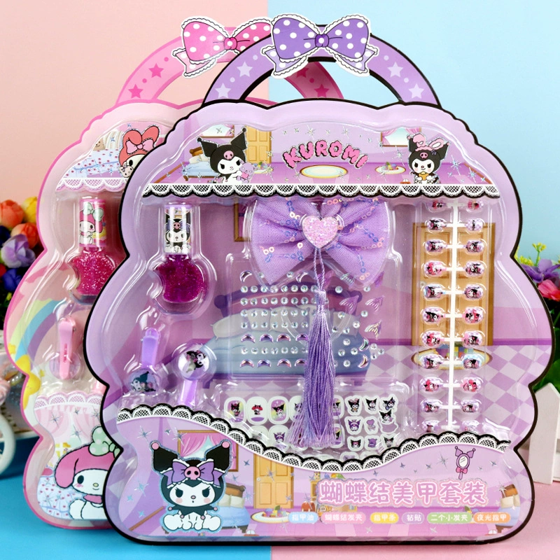 Sanrio Kuromi детское кольцо для ногтей с бриллиантами и бантом, веревка для волос, набор поддельных пленок, наклейка для ногтей с маслом на палец