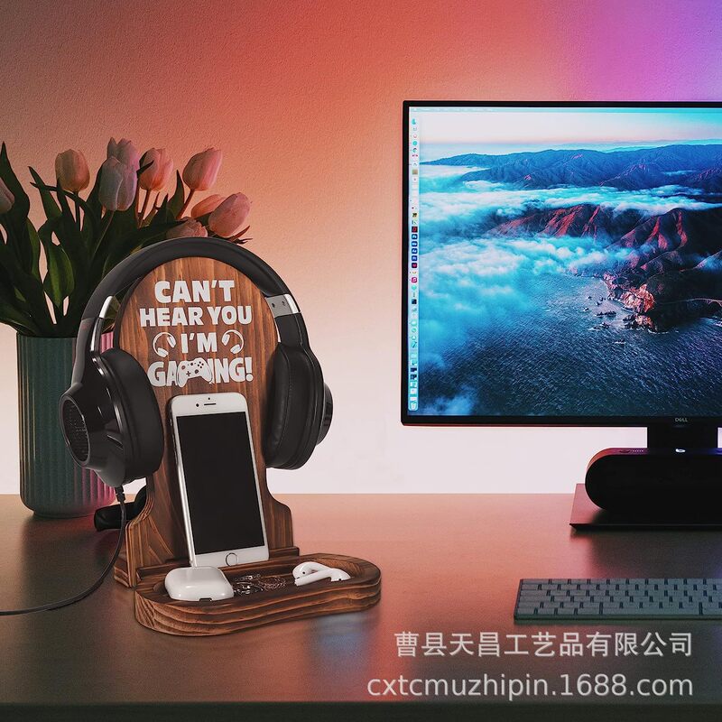 Wooden Hanging Neck Headphone Stand Game Room Headphone Mobile Phone Storage Rack Integrated Desktop Headphone Game Accessories