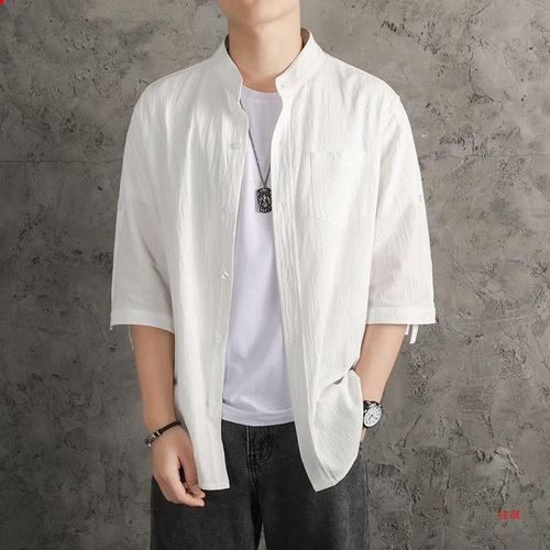 Linen Shirt for Men, Plain Color Men's Shirt, Loose Men's Clothing, Chinese Style Summer Cotton Linen Men's Casual Jacket, Seven-Sleeve Clothing