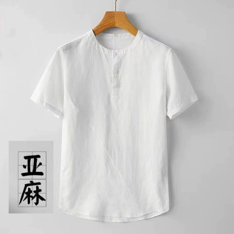 Спотовые льняные мужские футболки с короткими рукавами Летние круглые вырезы мужские хлопчатобумажные футболки свободные льна тонкие топы
