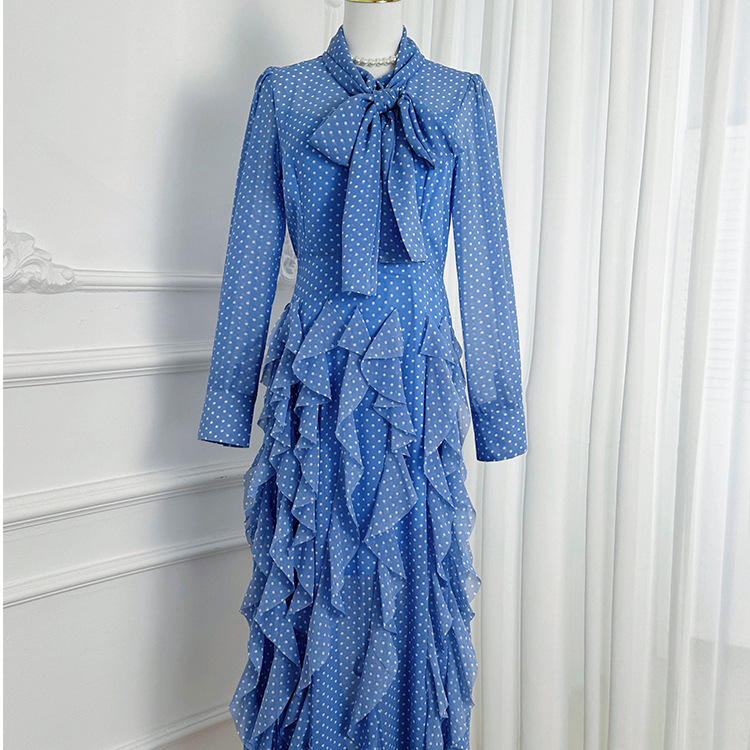 Heavy French Court Style Fishtail Wave Large Hem Slimming Ruffle Long Dress with Waist Scarf Collar Dress