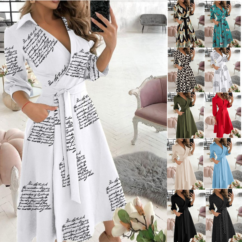 2022EBAY WISH spring/summer fashion long sleeve V-neck printed sheath dress women's clothing