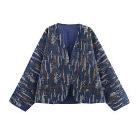跨境欧美风2025秋季新款V领串珠牛仔效果棉服和服式外衣棉衣外套