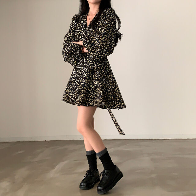 韩国chic2025秋季新款法式碎花连衣裙女系带显瘦连衣裙裙子女装|undefined
