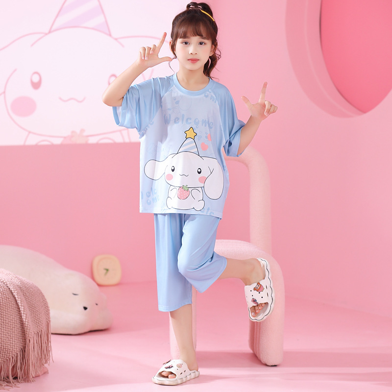 Pijamas de niñas de verano hielo de manga corta delgada set de niños de verano madre e hija padres niños mayores ropa de casa de niñas