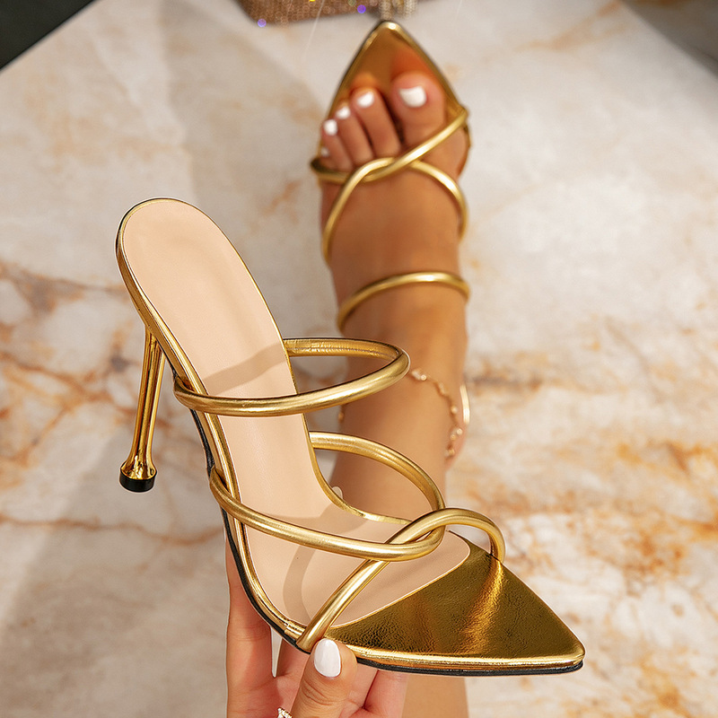 Women's Ultra-High Heel Sandals, Gold Color, Fashionable Women's Shoes, Stiletto Heels, Slip-On, Pointed Toe, Simple Decoration Women's Ultra-High Heel Sandals, Gold Color, Fashionable Women's Shoes, Stiletto Heels, Slip-On, Pointed Toe, Simple Decoration