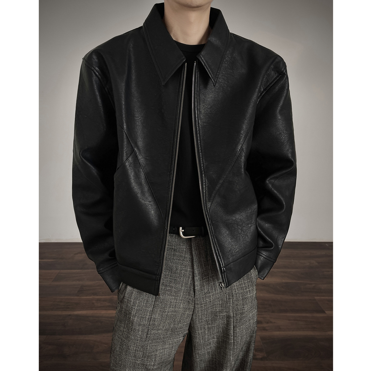 INTFEDAY美式复古皮衣男款韩系高级感痞帅翻领机车服cleanfit外套